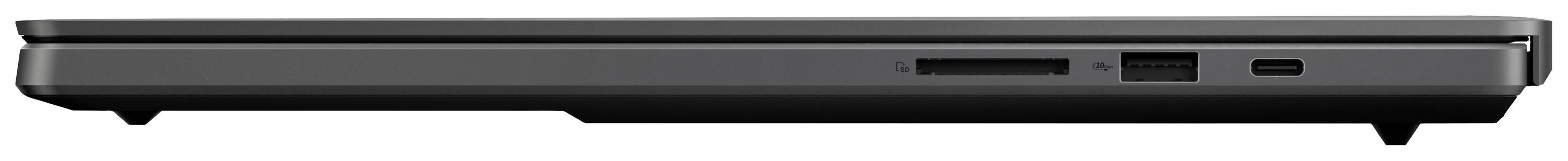 Ein geschlossenes, schwarzes Laptop von der Seite, mit sichtbaren Anschlüssen und leicht abgesetzter Basis.