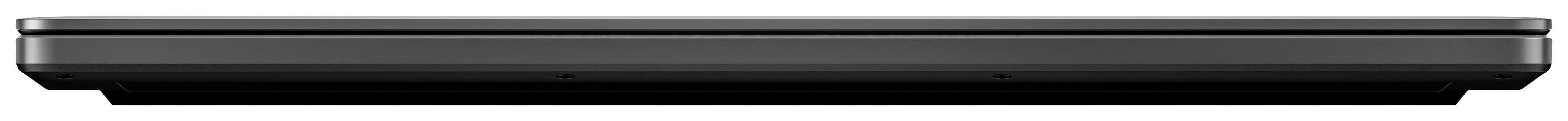 Ein geschlossenes schwarzes Laptop von der Seite gesehen.