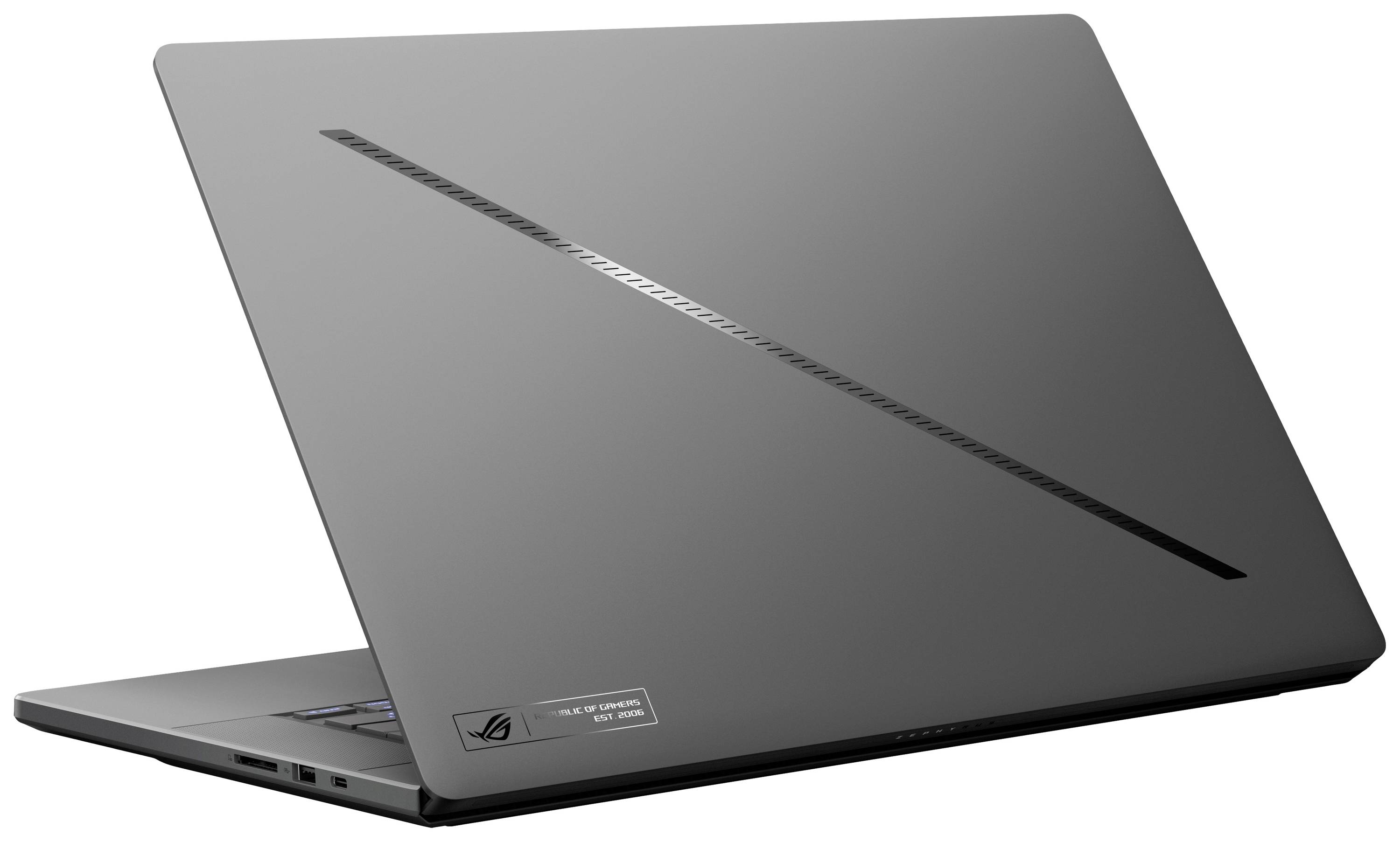 Ein grauer Laptop von hinten, teilweise geöffnet, zeigt ein schlankes, modernes Design mit einer diagonalen Linie auf dem Deckel.