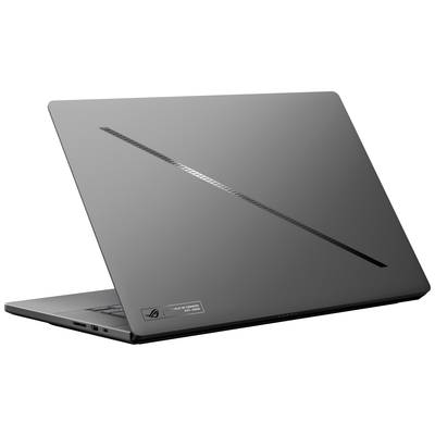 Ein grauer Laptop von hinten, teilweise geöffnet, zeigt ein schlankes, modernes Design mit einer diagonalen Linie auf dem Deckel.