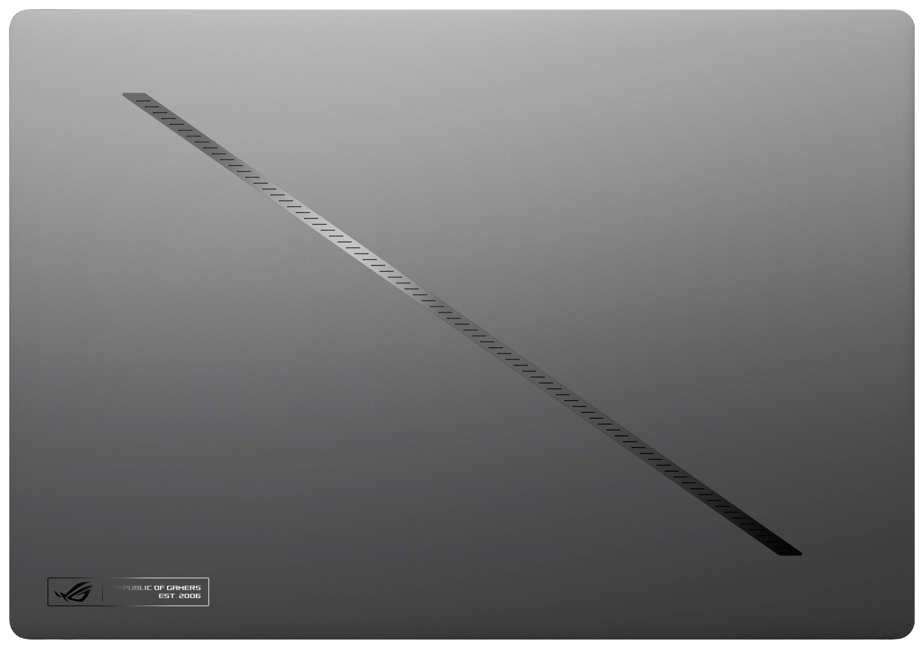 Schwarzer Laptopdeckel mit diagonaler Linie und Markenlogo in der Ecke.