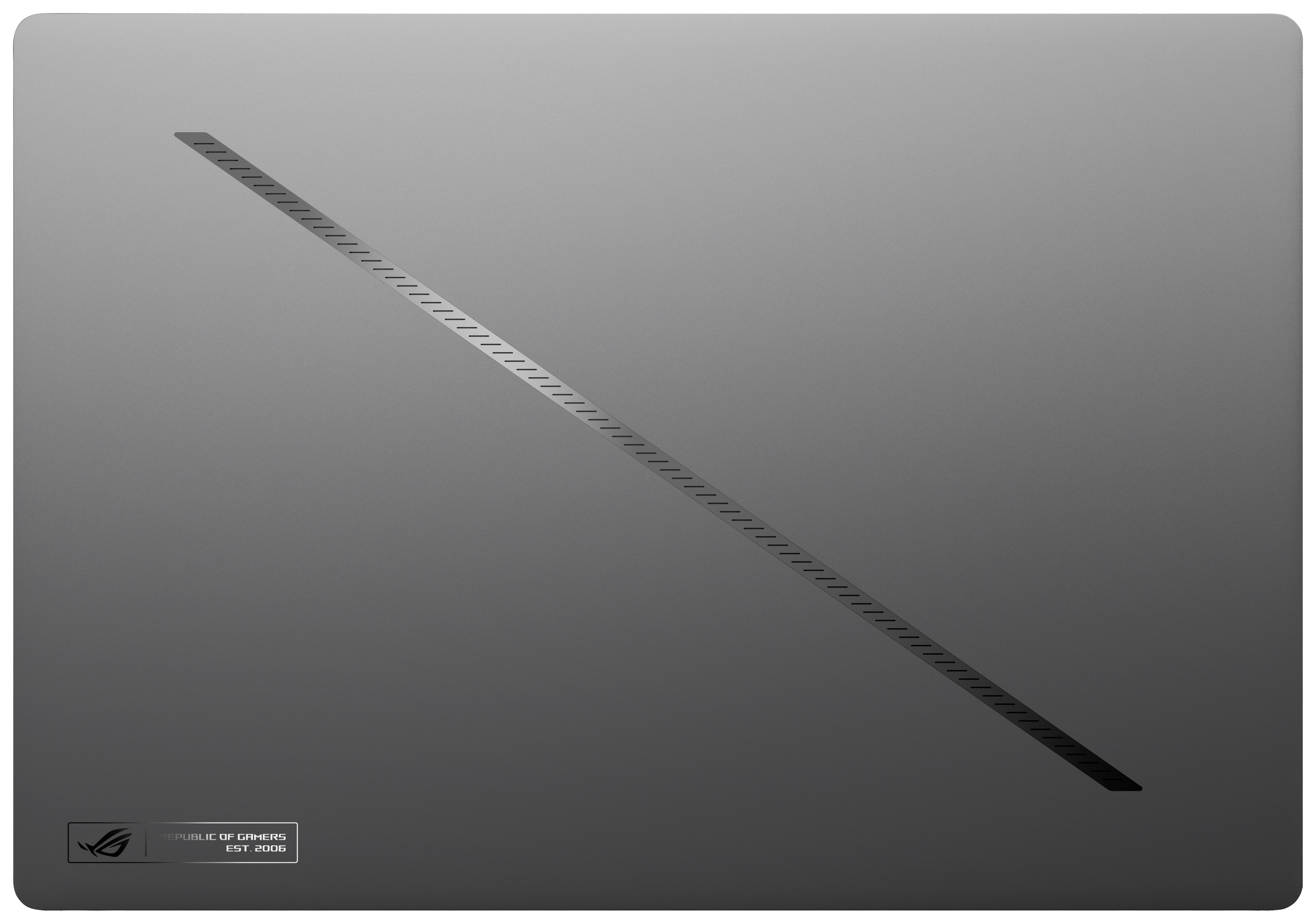 Schwarzer Laptopdeckel mit diagonaler Linie und Markenlogo in der Ecke.