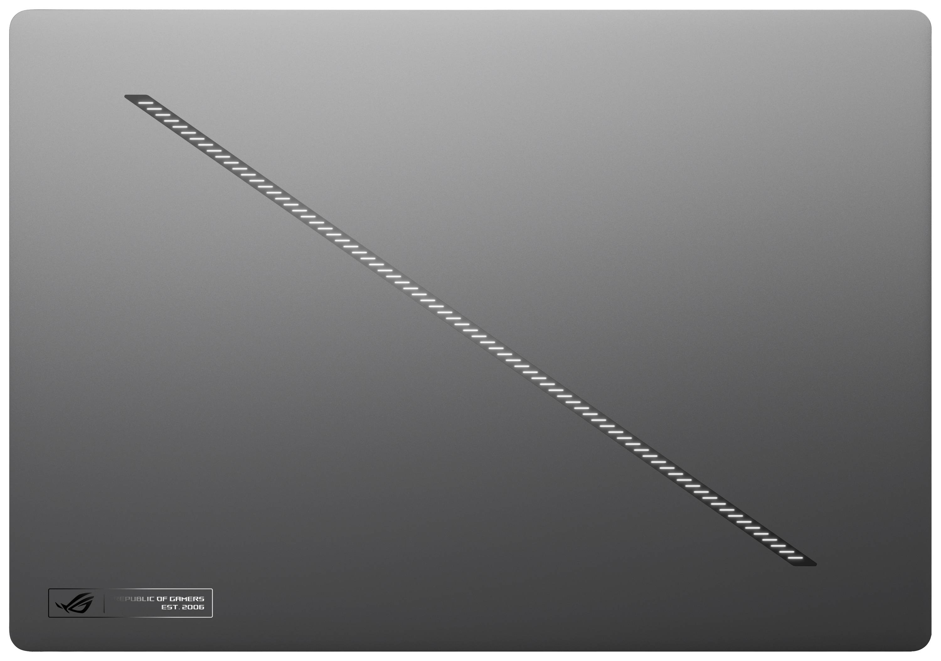 Ein silbergrauer Laptopdeckel mit diagonaler Line und kleinem Logo in der Ecke.