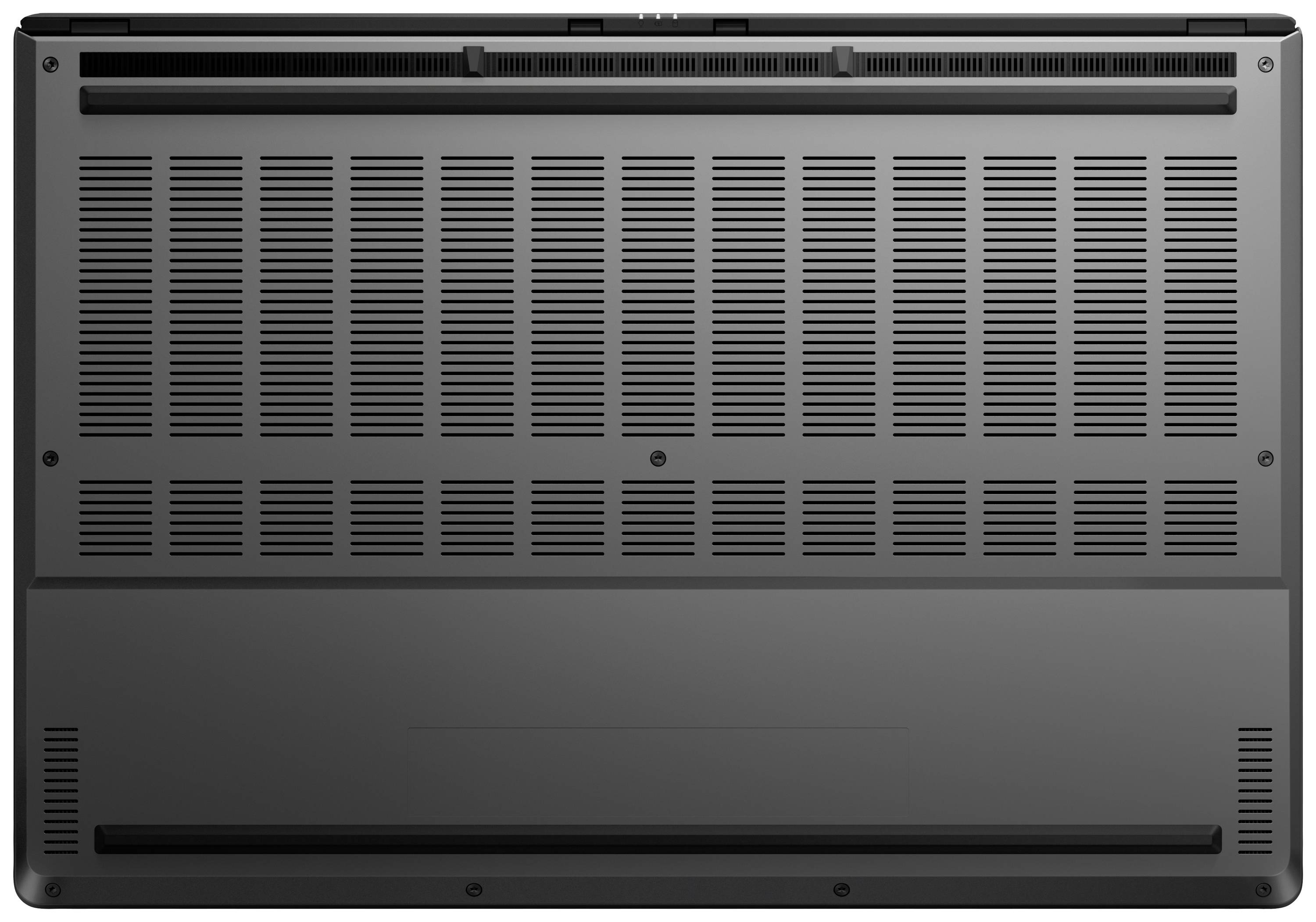 Rückseite eines Laptops mit Lüftungsschlitzen für Kühlung. Zeigt die Unterseite mit symmetrischem Design und Gummifüßen für Stabilität.
