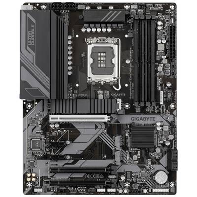 Eine schwarze Hauptplatine mit mehreren Steckplätzen und Anschlüssen, darunter CPU-Sockel, RAM-Steckplätze und PCIe-Erweiterungssteckplätze.