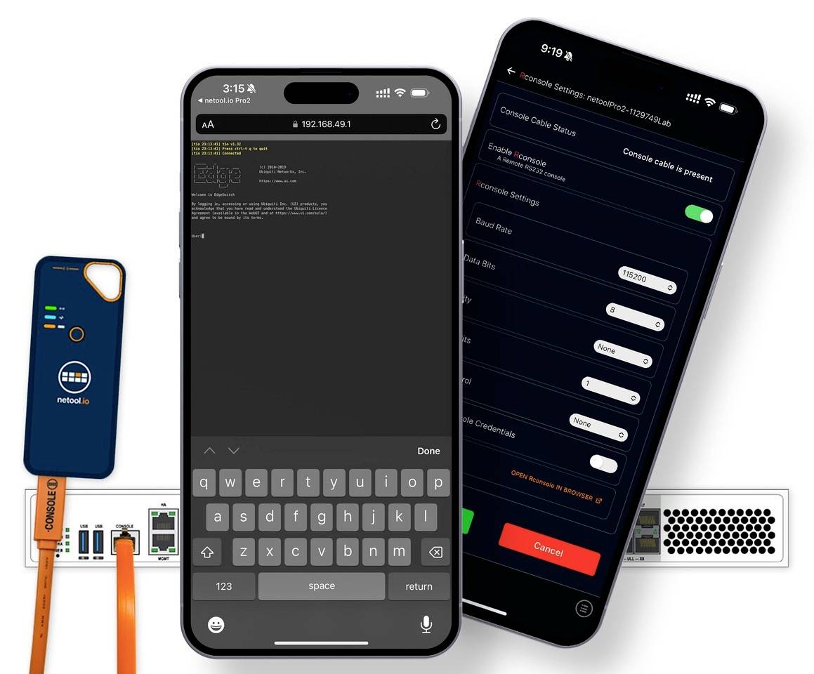 Zwei Smartphones mit Netzwerkkonfigurations-Apps, verbunden über einen Adapter mit einem Router. Links ist ein Netzwerk-Testgerät sichtbar.