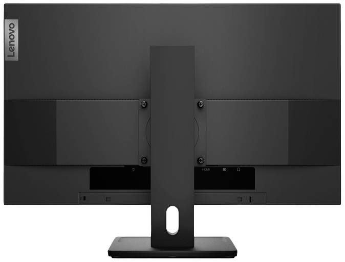 Rückansicht eines Lenovo-Monitors mit einfachem, schwarzem Design und rechteckigem Standfuß, zentraler Stützarm.