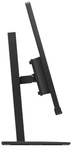 Seitenansicht eines schlanken, modernen Computermonitors auf einem verstellbaren Ständer, der nach links geneigt ist.