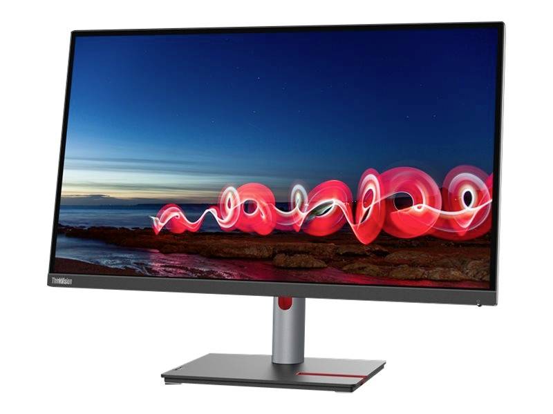 Ein moderner Computermonitor zeigt ein farbenfrohes, abstraktes Bild mit einer roten Lichtspur vor einem Landschaftshintergrund.