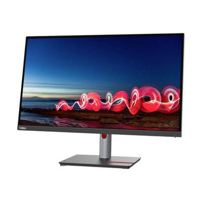Ein moderner Computermonitor zeigt ein farbenfrohes, abstraktes Bild mit einer roten Lichtspur vor einem Landschaftshintergrund.