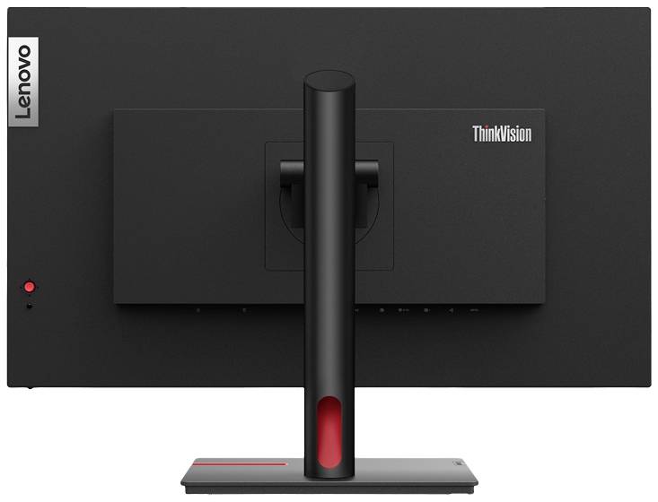 'Rückseite eines Lenovo ThinkVision-Monitors mit schwarzem Gehäuse und rotem Detail am Standfuß.'