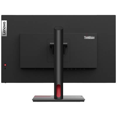'Rückseite eines Lenovo ThinkVision-Monitors mit schwarzem Gehäuse und rotem Detail am Standfuß.'