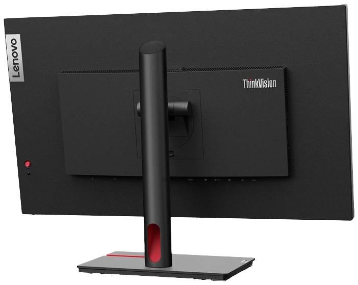 Rückseite eines schwarzen Computerbildschirms der Marke Lenovo ThinkVision mit einem stabilen Standfuß und einem schlanken, modernem Design.