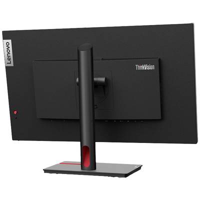 Rückseite eines schwarzen Computerbildschirms der Marke Lenovo ThinkVision mit einem stabilen Standfuß und einem schlanken, modernem Design.