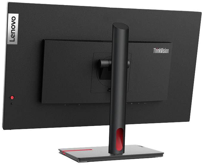 Lenovo ThinkVision Bildschirm von hinten mit einem schlanken, verstellbaren Standfuß, das Logo ist links oben sichtbar.