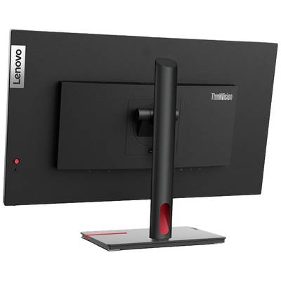 Lenovo ThinkVision Bildschirm von hinten mit einem schlanken, verstellbaren Standfuß, das Logo ist links oben sichtbar.