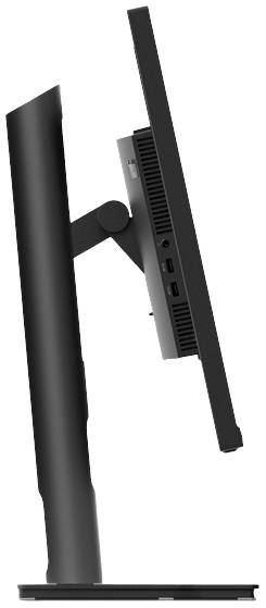 'Ein schwarzer Computermonitor seitlich betrachtet. Der Bildschirm ist dünn, montiert auf einem verstellbaren Ständer.'