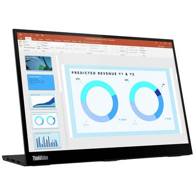 Laptopbildschirm zeigt eine PowerPoint-Präsentation mit dem Titel 'Predicted Revenue Y1 & Y2'. Zwei Kreisdiagramme veranschaulichen Einnahmenprognosen.