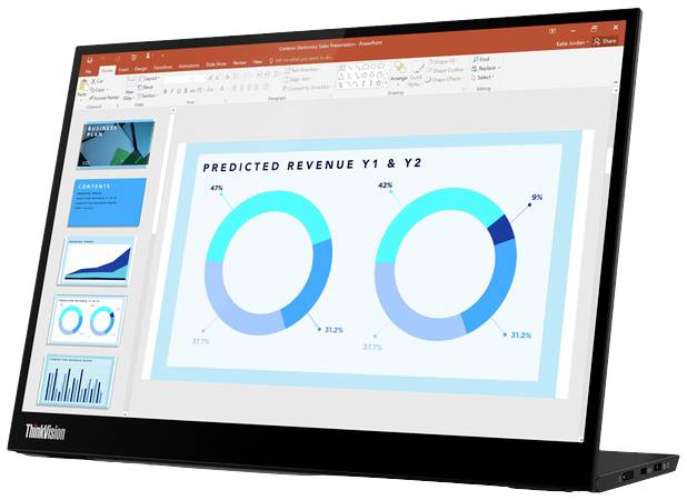 Ein Bildschirm zeigt eine PowerPoint-Präsentation mit einem Diagramm. Das Diagramm vergleicht die prognostizierten Einnahmen von Jahr 1 und Jahr 2.
