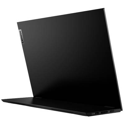 Schwarzer Laptop von Lenovo, leicht geöffnet, von hinten rechts betrachtet.