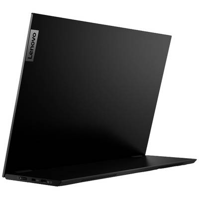 Schwarzer Laptop von Lenovo geöffnet und seitlich gezeigt; schlankes und modernes Design.