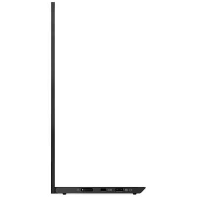Seitenansicht eines geöffneten Laptops mit schlankem Design, mehreren Anschlüssen unten sichtbar.