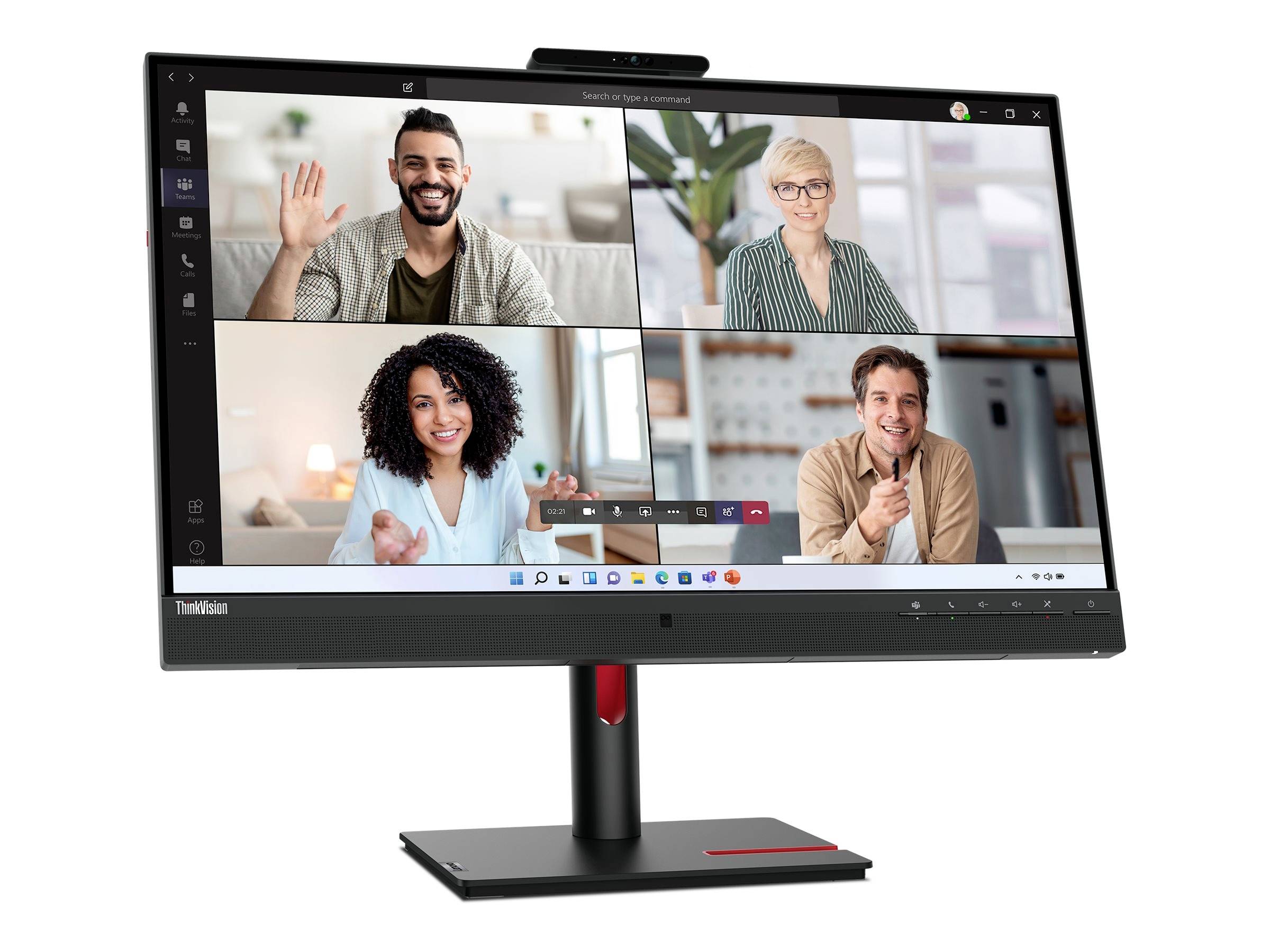 Ein Monitor zeigt ein Videokonferenz-Tool mit vier Personen in einem virtuellen Meeting. Alle Teilnehmer lächeln und kommunizieren.