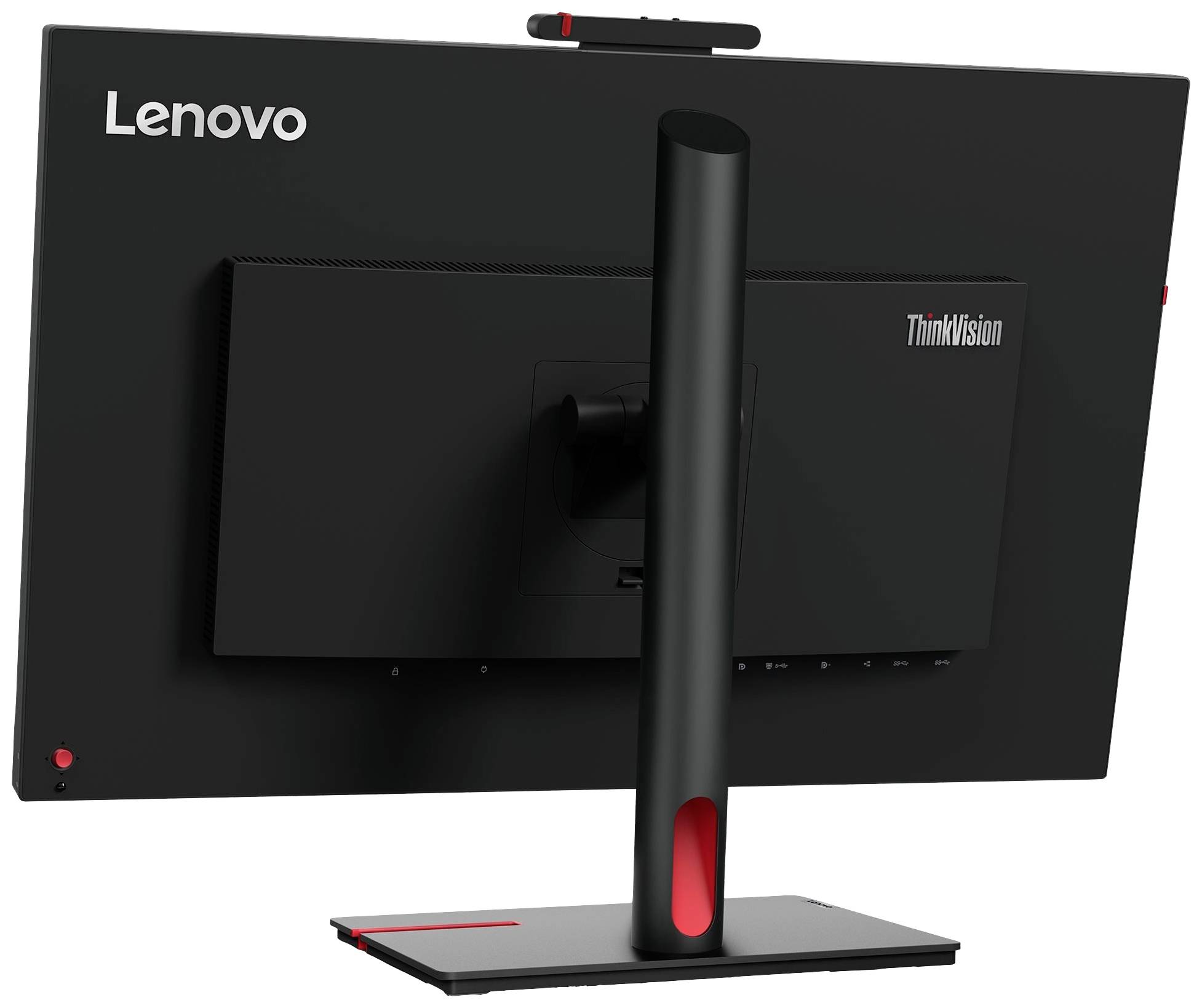 Ein schwarzer Lenovo-Monitor mit einem stabilen Standfuß und dem Logo 'ThinkVision' auf der Rückseite.