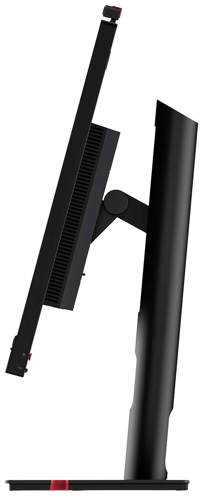 Seitliche Ansicht eines schwarzen Computermonitors mit rotem Akzent auf einem schwenkbaren Standfuß.