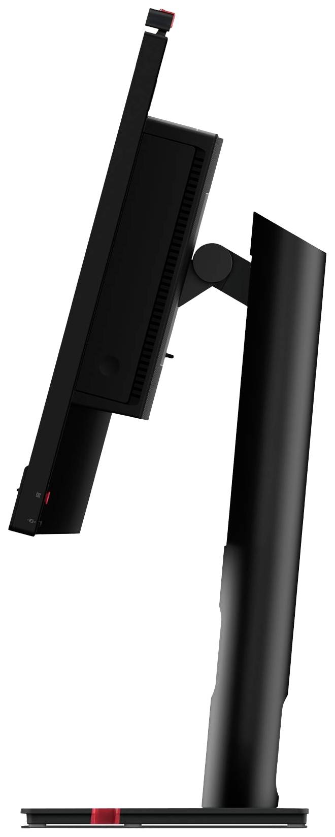 Ein schwarzer Computerbildschirm in seitlicher Ansicht, leicht angewinkelt, mit einem stabilen, verstellbaren Standfuß.