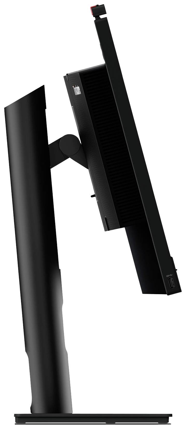 Seitenansicht eines schwarzen Computermonitors auf einem verstellbaren Standfuß, der leicht nach hinten geneigt ist.