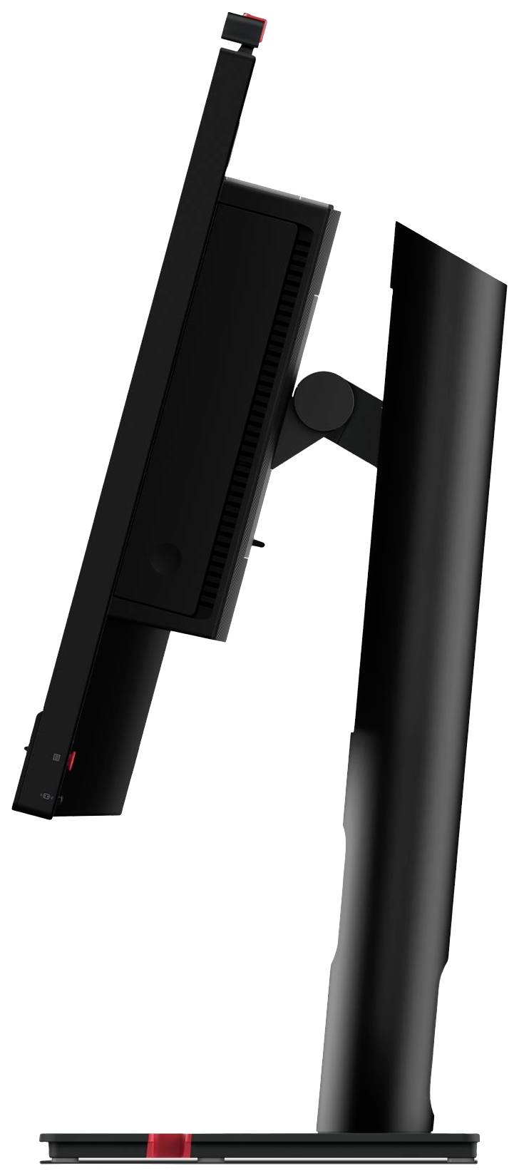 Seitliche Ansicht eines Computermonitors mit schlankem Design und verstellbarem Standfuß. Der Bildschirm ist leicht geneigt.