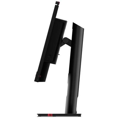 Seitliche Ansicht eines Computermonitors mit schlankem Design und verstellbarem Standfuß. Der Bildschirm ist leicht geneigt.