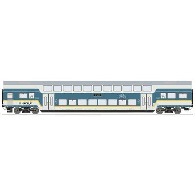 Doppelstockzug in blau-weißem Design mit gelben Streifen. Aufschrift 'alex' sichtbar. Fahrradsymbol für Fahrradabteil erkennbar.