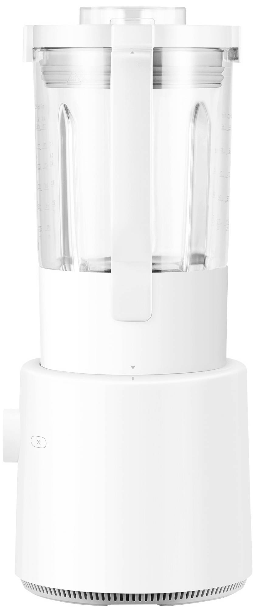 Ein weißer Standmixer mit transparentem Behälter und Seitengriff, geeignet zum Mixen verschiedener Zutaten für Smoothies und Saucen.