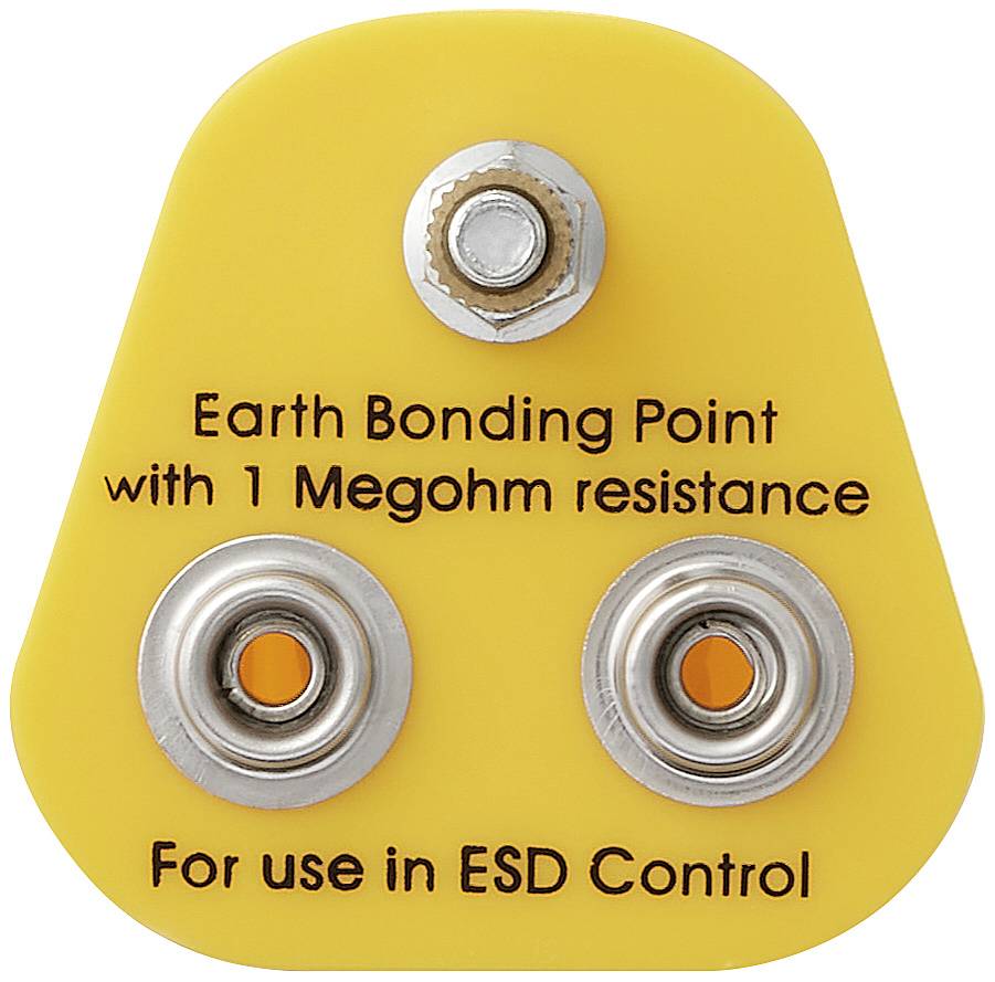 Gelbes Erdungsgerät mit der Aufschrift 'Earth Bonding Point with 1 Megohm resistance' und 'For use in ESD Control'.
