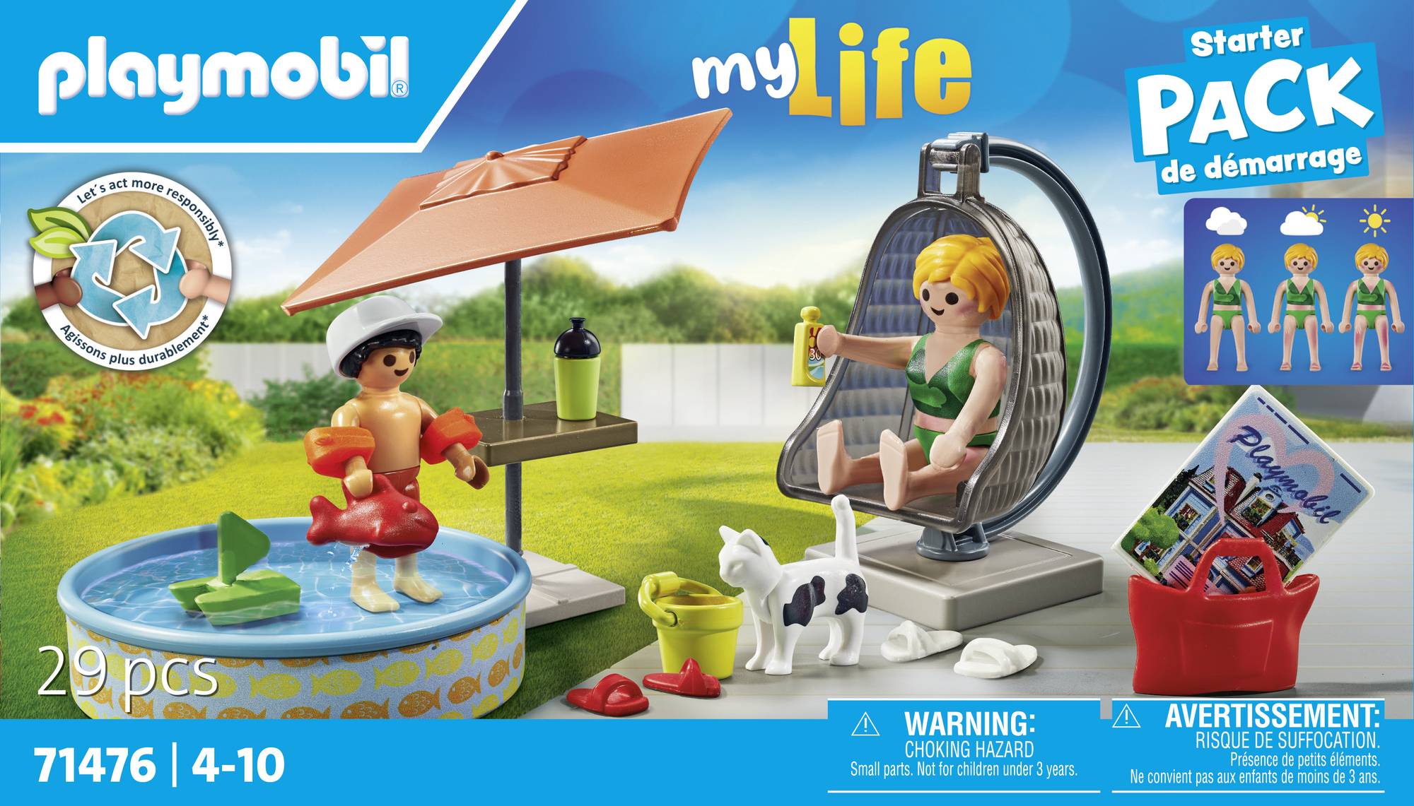 'Mädchen und Junge spielen mit Hund und Planschbecken im Garten. Spielset von Playmobil, genannt myLife, mit 29 Teilen.'