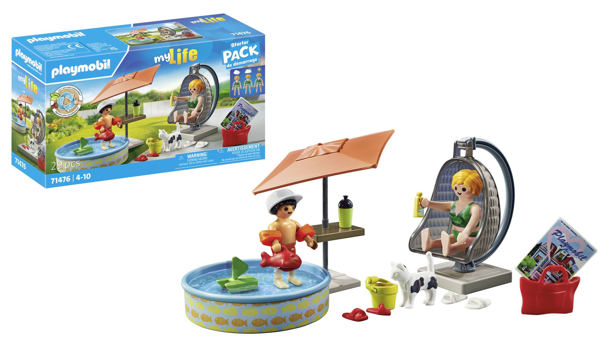 Playmobil-Spielset: Ein Kind mit Schwimmreifen im Planschbecken, eine Person mit Getränk unter Sonnenschirm, daneben Hund und Zubehör.