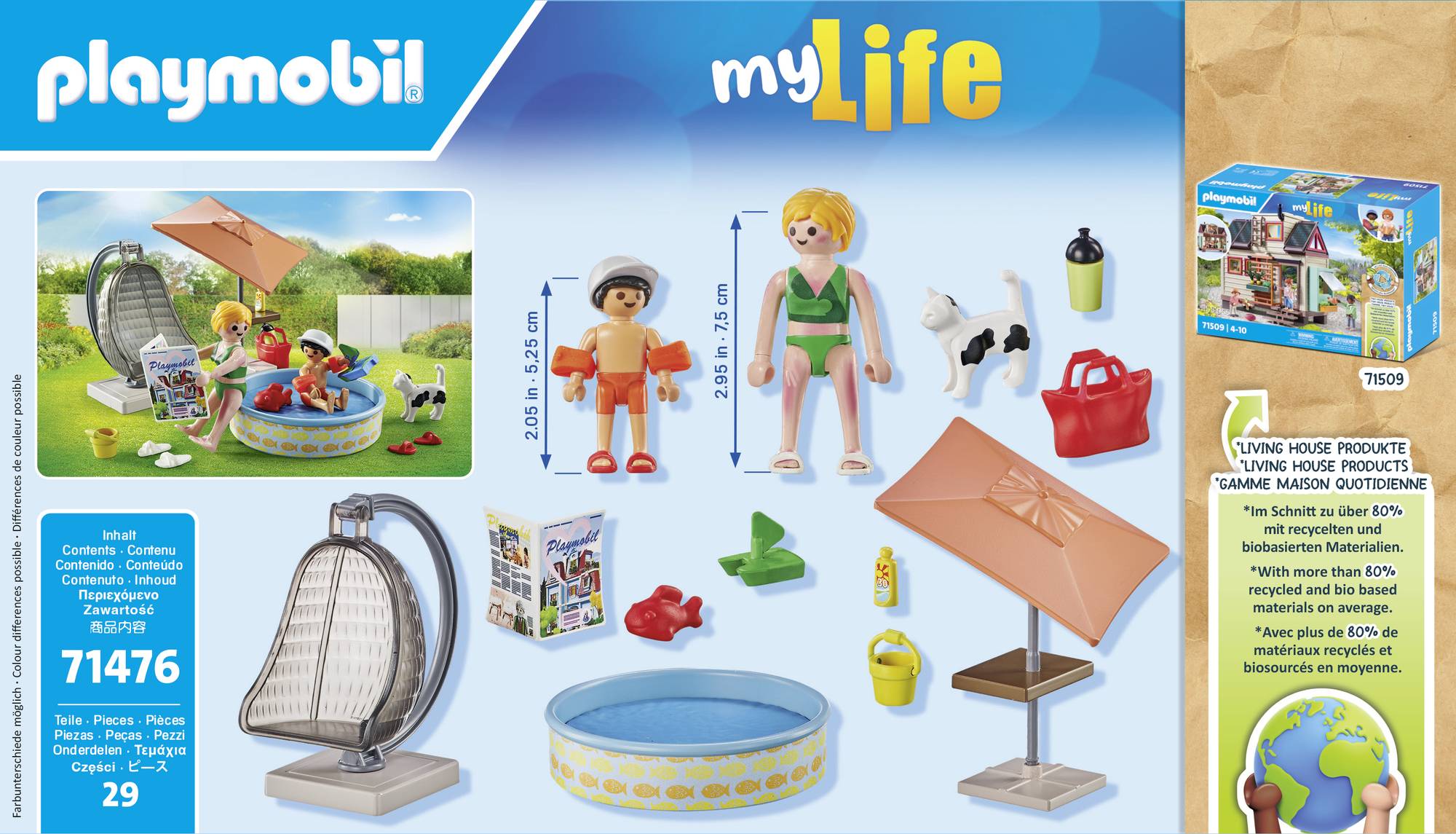 Playmobil-Set: Zwei Spielfiguren am Pool mit Hund, Liegestuhl, Sonnenschirm, Eimer, Ball und Pflanzen. Verpackungsnummer 71476.
