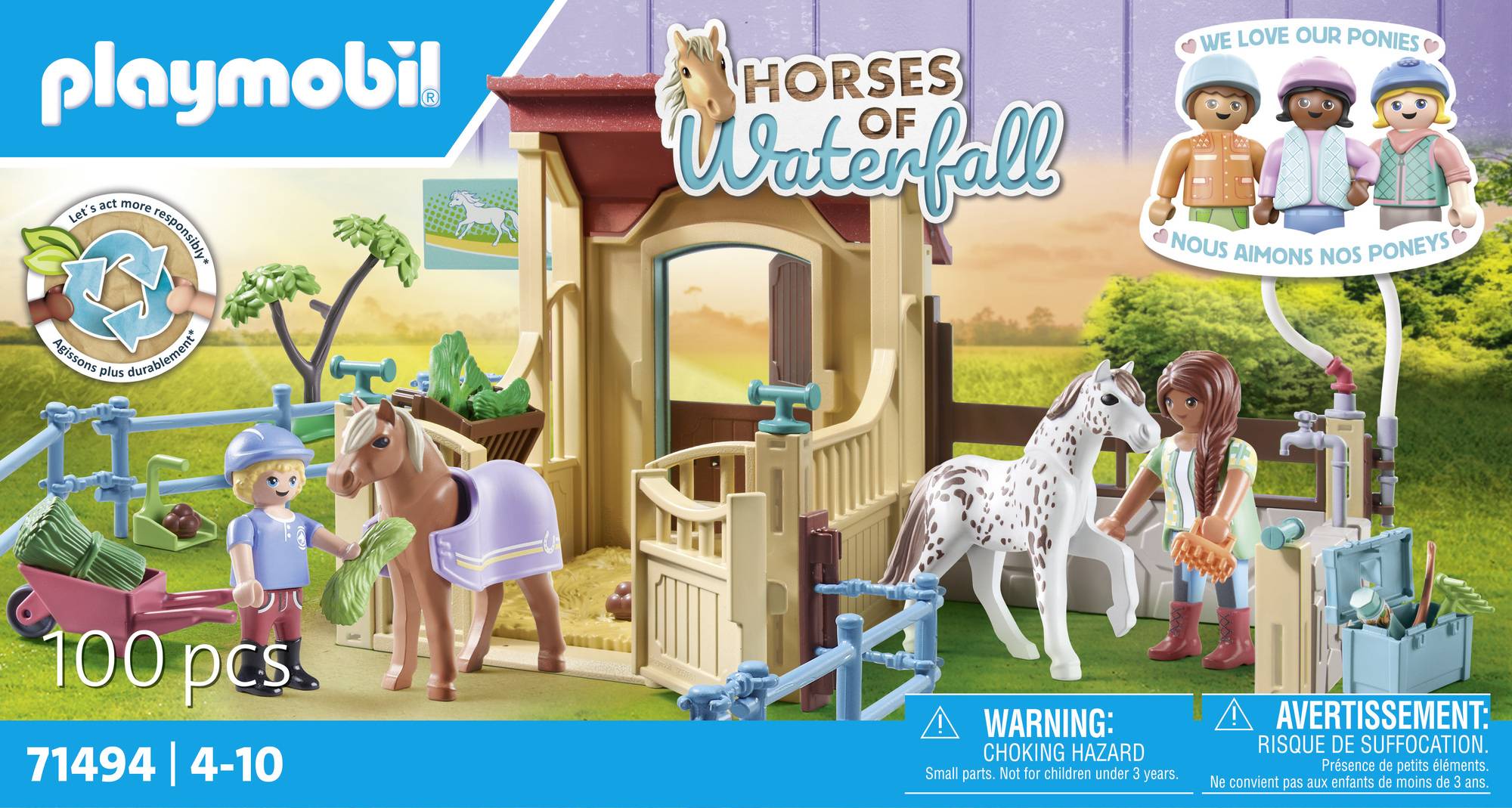 Spielset mit Pferdestall, zwei Figuren, zwei Pferden und Zubehör. Aufschrift: 'Horses of Waterfall'. Geeignet für Kinder von 4-10 Jahren.