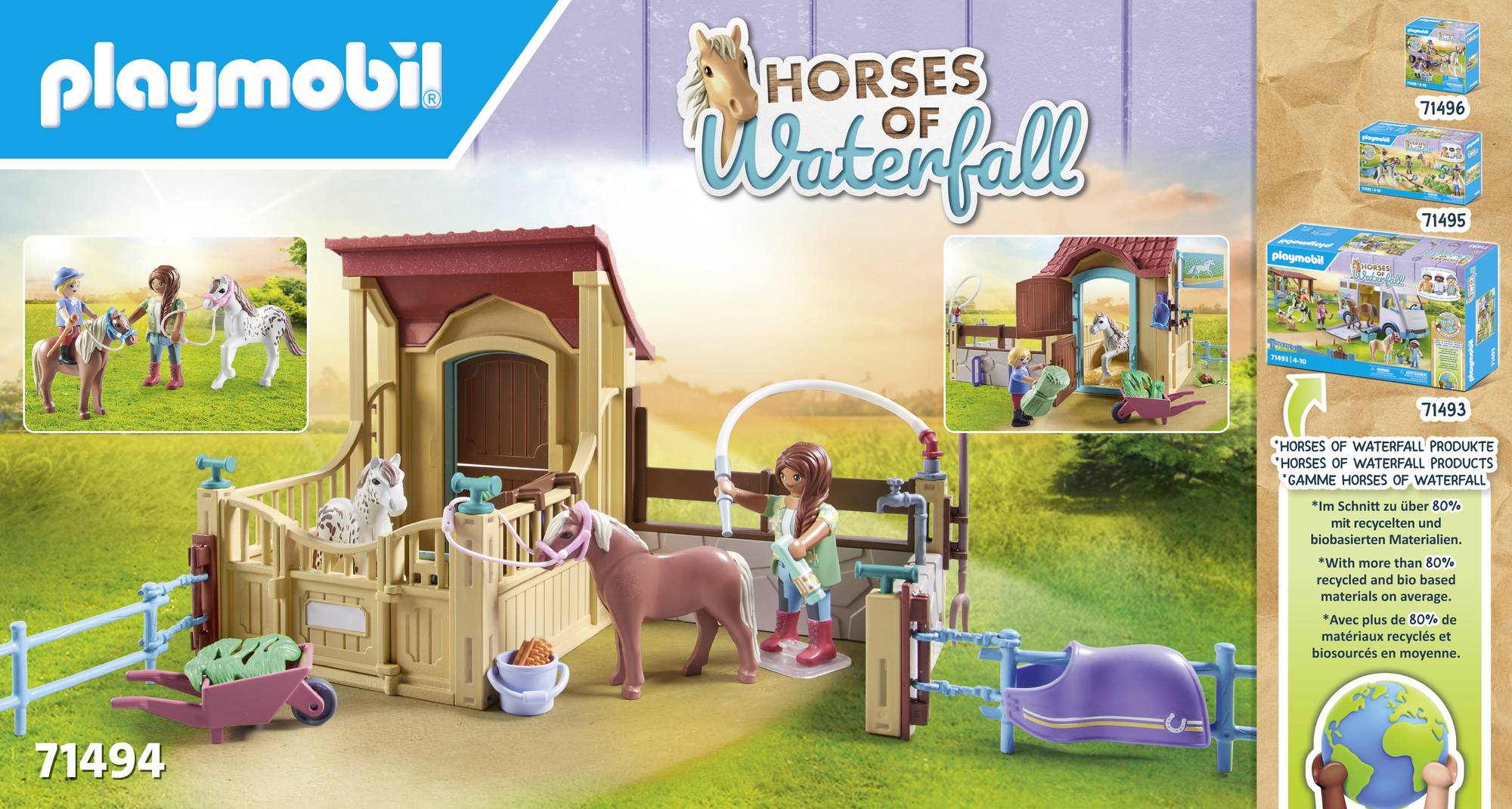 'Playmobil Set 71494: Pferderanch mit Stall, Pferd und Reiterfigur. Enthält Zubehör wie Zaun, Striegel und Futter.'