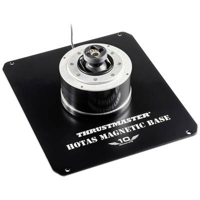 'Thrustmaster HOTAS Basis' zeigt breite Metallbasis mit beleuchtetem Kabelanschluss, Text als Branding.
