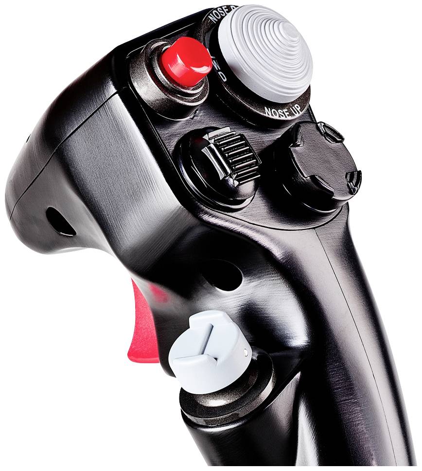 Ein schwarzer Joystick mit mehreren Knöpfen und einer rot markierten Taste, möglicherweise für Flugsimulation oder Steuerung.