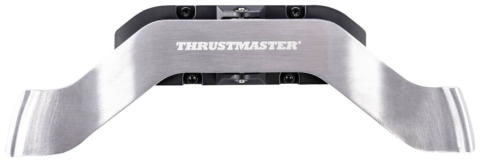 Das Bild zeigt eine Lenkradschaltwippe aus Metall mit der Aufschrift 'THRUSTMASTER', die für Rennspiele verwendet wird.