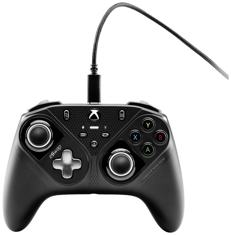 Schwarz-grauer Gaming-Controller mit Kabelverbindung, D-Pad links, vier bunte Aktionstasten rechts, zwei Joysticks und mittiges Xbox-Logo.