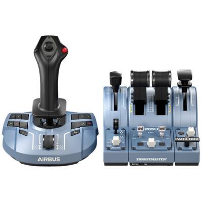 Joystick und Schubhebelkonsole in blauer Farbe, mit mehreren Knöpfen und Hebeln, designed für Flugsimulationen. Markenlogos sichtbar.