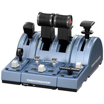 Ein blaues Thrustmaster-Flugzeug-Steuerpult mit Hebeln und Knöpfen, das zur Steuerung von Schub und anderen Flugfunktionen dient.