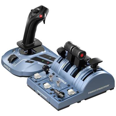 Joystick- und Schubregler-Set für Flugsimulationen. Das Set ist blau mit schwarzem Joystick und mehreren Knöpfen sowie Hebeln.