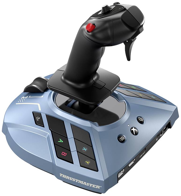Joystick in blauer Farbe mit Handgriff und mehreren Tasten auf einer Basis. Geeignet für Flugsimulator-Spiele und komplexe Steuerungen.