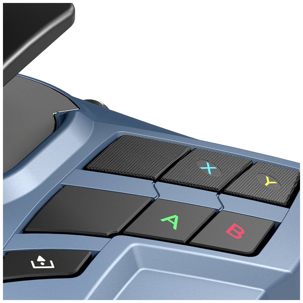 Joystick mit bunten Tasten in den Farben Schwarz, Grün, Rot und Blau auf einer Konsole.